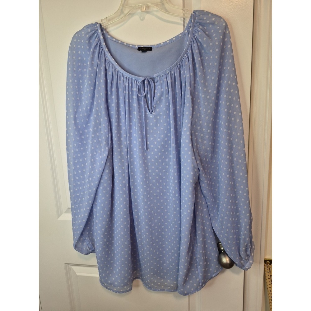 TALBOTS Women's Blue Polka Dot Lined Sheer Long Sleeve Size 1X Blouse Top